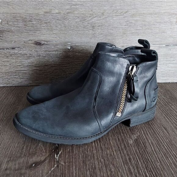 UGG Aureo Black Leather Ankle Boots sz 8.5 - Picture 4 of 9
